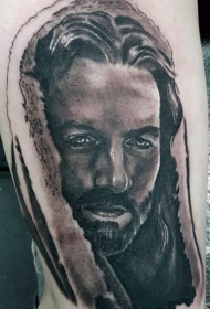 宗教风格黑白耶稣肖像大腿纹身图案