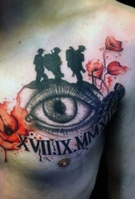 胸部士兵人像与眼睛和鲜花纹身图案