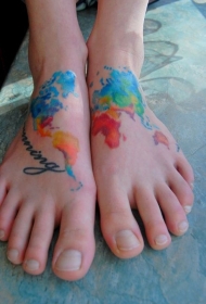 脚背水彩画风格彩色世界地图纹身图案