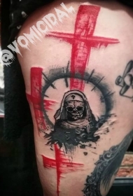 大腿红色十字架与骷髅纹身图案