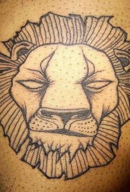 腿部黑色线条狮子头纹身图片