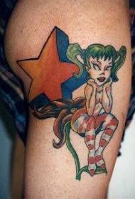 腿部彩色小女孩与五角星纹身图片