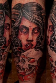 经典old school魔鬼女人与骷髅纹身图案