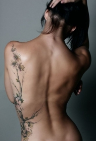 女性背部精美的桃花花枝纹身图案