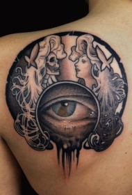 背部彩色的骷髅和女郎写实眼球纹身图案