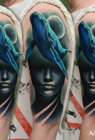 大臂新传统风格鲸鱼和女人肖像纹身图案