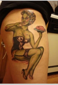 腿部彩色女孩僵尸纹身图案