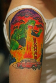 大臂卡通彩绘哥斯拉喷火和汽车纹身图案