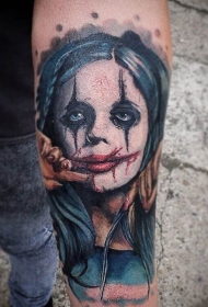 手臂邪恶的女人小丑彩色肖像纹身图案