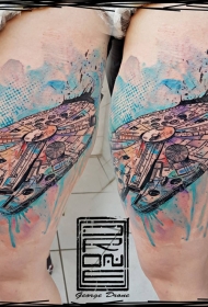 大腿现代风彩色千年隼船纹身图案