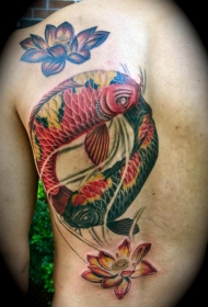 背部彩色锦鲤与荷花纹身图案