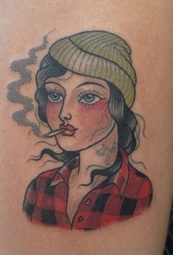 腿部彩色乡村风格的黑发女孩纹身图案