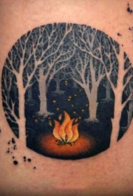 圆形小清新黑森林火焰纹身图案