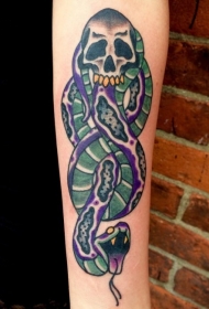 手臂彩色老式风格骷髅与蛇纹身图案