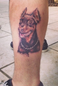 小腿彩色杜宾犬肖像纹身图案