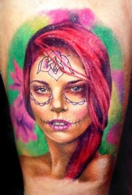 腿部生动的死亡女孩肖像纹身图案