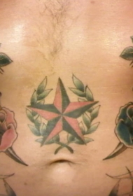 腹部胸部五颜六色的玫瑰五角星纹身图案