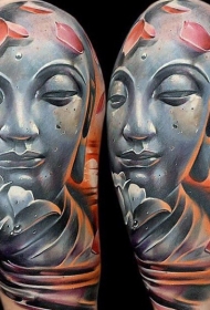 肩部新传统风格的彩色石头如来佛祖雕像纹身
