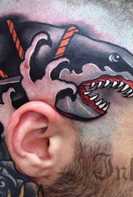头部new school彩色邪恶鲨鱼与绳索纹身图案