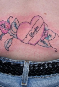 腰部彩色爱心与玫瑰纹身图案