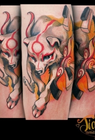腿部彩色神秘狐狸纹身图案