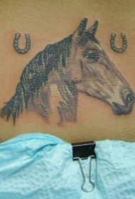 腰部马头和两个马蹄铁纹身图案