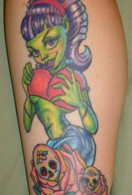腿部彩色搞笑僵尸女孩纹身图案
