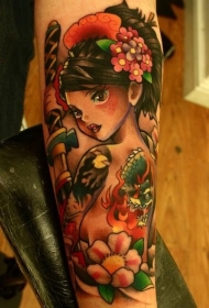 小臂多彩可爱的艺妓纹身图案