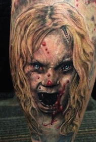 腿部彩色恐怖风格的僵尸女孩纹身图案