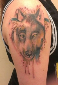 肩部大水彩画逼真的狼纹身图案
