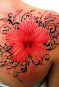 肩部彩色逼真的热带木槿花纹身图片