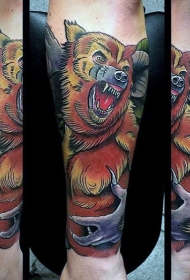手臂新学校风格彩色愤怒的狼人纹身图案