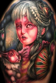 彩色插图女生与兔子纹身图案