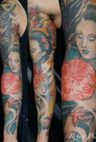 花臂彩色日本艺妓和武士面具纹身