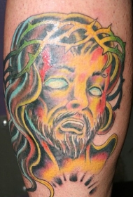 腿部彩色绝望中的耶稣纹身图案