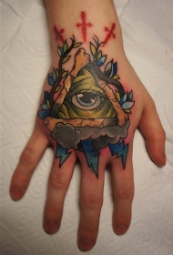 手背彩色三角眼植物纹身图案