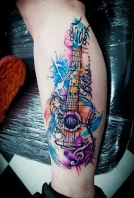 小腿现代传统风格的彩色泼墨吉他纹身图案