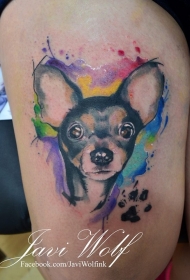大腿小狗肖像水彩风格纹身图案