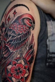 手臂彩色花朵鹰和月亮纹身图案