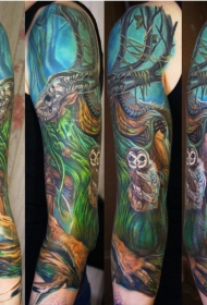 手臂新风格的彩色神秘森林猫头鹰纹身图片