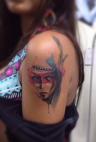 女生臂部水彩风格彩色印度女人与羽毛纹身图案