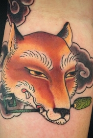 腿部老学校彩色滑稽狐狸头纹身图案