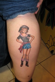 腿部彩色海盗女孩纹身图案