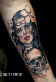 手臂彩色女孩与骷髅头纹身图案