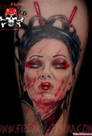 腿部彩色恶魔的艺妓肖像纹身图案