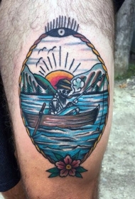 腿部彩色有趣的渔民骨架纹身图案