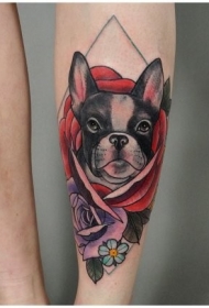 小腿彩色狗肖像玫瑰纹身图案