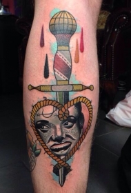 old school彩色匕首与绳索和女性肖像纹身图案