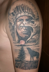 大臂印度人像与鹰和狼纹身图案
