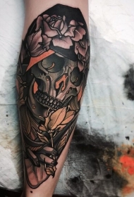 小腿彩色骷髅与花纹身图案